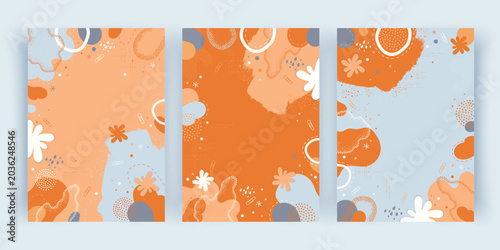 Set of abstract vertical backgrounds with orange and blue organic shapes, dots, and stationery elements. Hand drawn creative vector templates with copy space for covers, banners, or packaging design.
