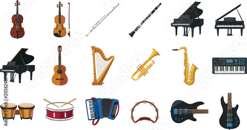 Photography Musical instrument vector collection featuring piano, violin, guitar, saxophone,