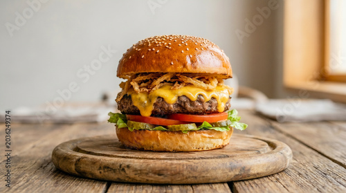 Foto Gourmet cheeseburger featuring a juicy beef patty, melted cheese, crispy onions, tomatoes, pickles, and lettuce, served on a sesame bun a top a rustic wooden board