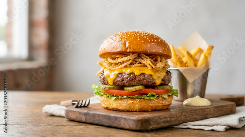 Fotografija ​A mouth-watering gourmet cheeseburger topped with crispy onions, served alongside golden french fries and creamy dipping sauce on a rustic wooden board in a restaurant