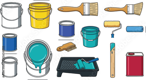 Fotografie House painting and decorating tools vector set featuring paint cans, brushes, ro
