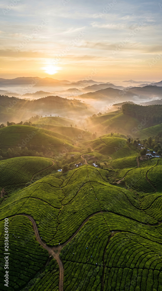 Obraz premium Sunrise over Munnar tea plantation