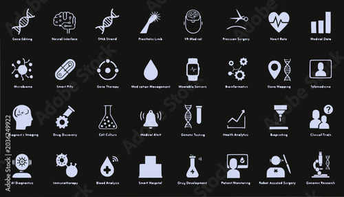 Medical and Science Icons: Gene Editing, Brain, DNA, Health, AI, Research, Lab