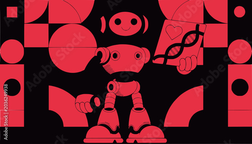 Robot Holding DNA Helix and Heart Symbol, Abstract Geometric Background