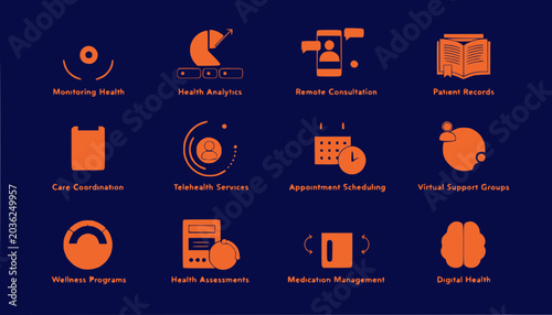 Digital Health Icons Set: Telemedicine, Health Analytics, Patient Records, Wellness