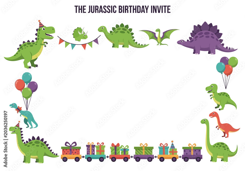 Fototapeta premium A white birthday invitation border featuring cartoon dinosaurs balloons bunting and a train carrying presents