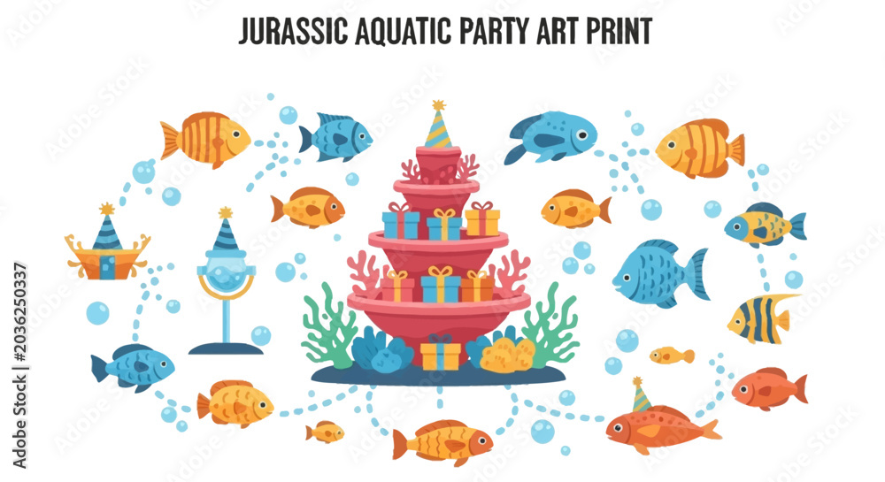 Fototapeta premium An illustration titled JURASSIC AQUATIC PARTY ART PRINT featuring a tiered coral cake stand with gifts surrounded by various colorful cartoon fish some wearing party hats amidst floating bubbles