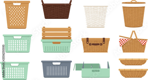 Konstfotografi Wicker basket and storage container vector collection featuring laundry baskets,