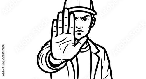Foto Man in hard hat showing stop hand gesture warning sign.