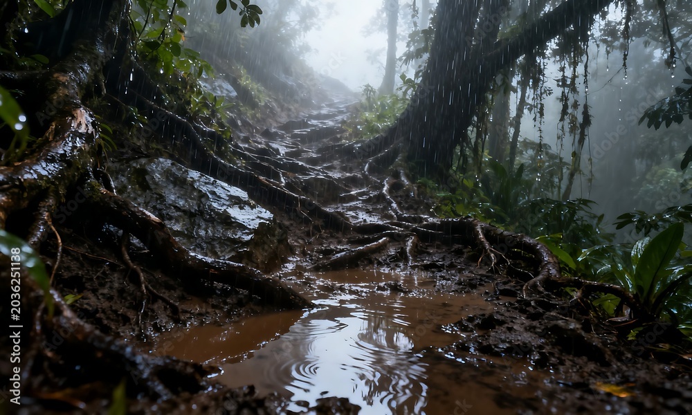 Obraz premium Rainy Day Hike Through a Lush Tropical Rainforest Trail with Exposed Tree Roots and Muddy Puddles
