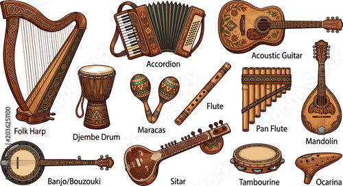 Photos Traditional Ornate Folk Musical Instruments Vector Icon Set with Harp Acoustic G