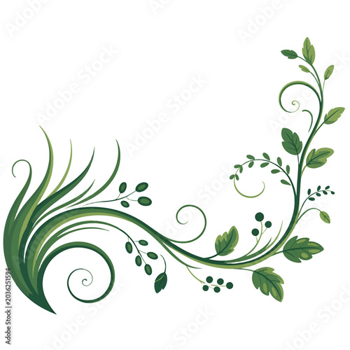 Green leafy vine with white flowers and black berries, minimalist line