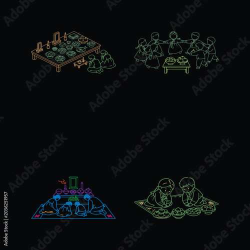 Professional Korean Chuseok Thanksgiving Festival Graphic, Showcasing Traditional Full Moon Songpyeon Rice Cake Hanbok Autumn Harvest Celebration Culture Folk Element Icon Pattern.