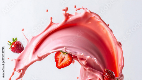 Cuadro en lienzo Strawberry milkshake splash with whole and halved strawberries, dynamic motion