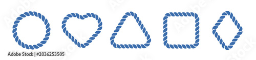 Rope frame border set isolated on white bg. Cartoon  square, oval and heart shape in sea sailor theme, nautical rope collection, flat vector illustration. Blue marine loop and cord frames.	