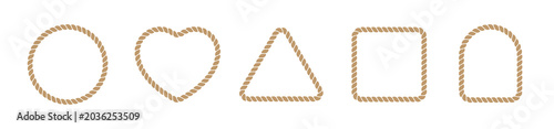 Cartoon rope border frame isolated set, beige circle, triangle, square and arc shape in sea sailor theme, nautical rope collection, flat vector illustration. Brown marine loop and cord frames.