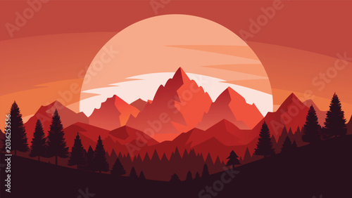 Fotografie Vibrant mountain range at sunset with pine forest silhouette and vast sun agains