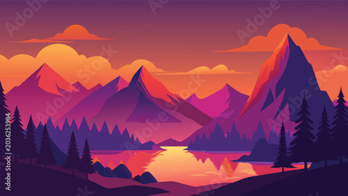 Foto Vibrant mountain range reflected in tranquil lake during a dramatic sunset with