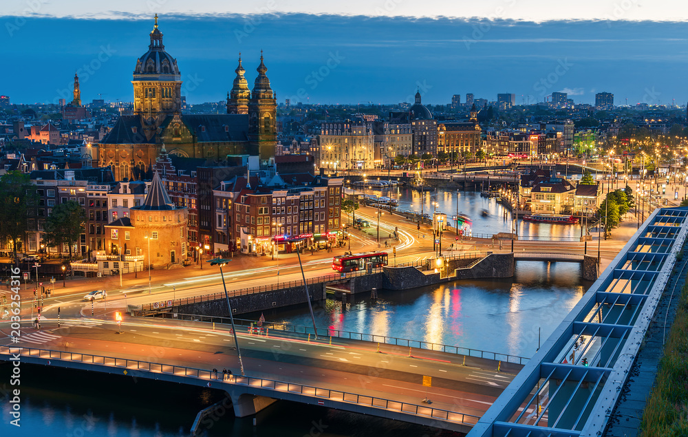 Fototapeta premium Aerial view of Amsterdam at blue hour