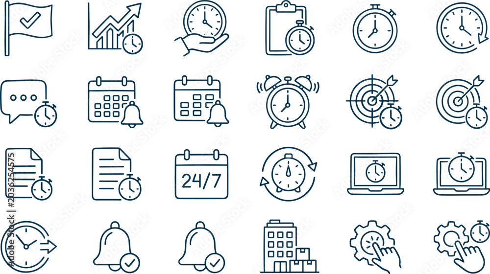 Fototapeta premium Time Management and Business Productivity Line Icon Set Featuring Calendar Clock Deadline Reminder and Workflow Symbols