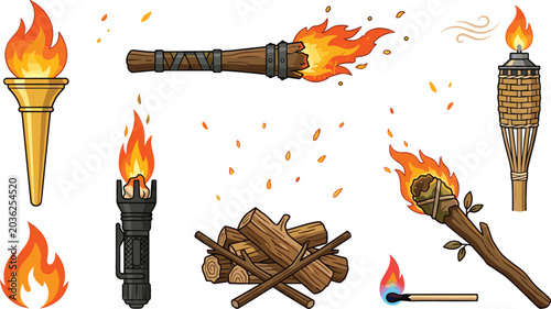 Foto Collection of burning torch and campfire vector illustrations featuring flaming