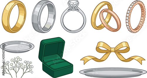 Foto Collection of elegant wedding ring and jewelry vector illustrations featuring go