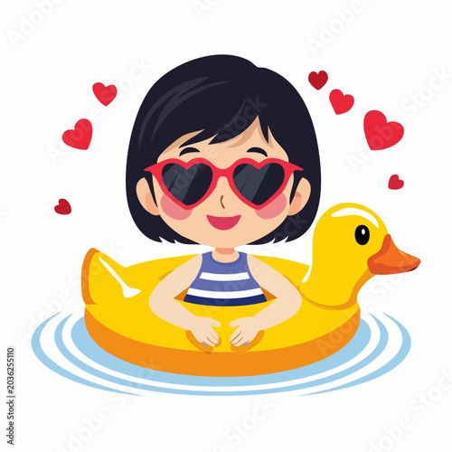 Girl with Duck Float and Heart Sunglasses in Water