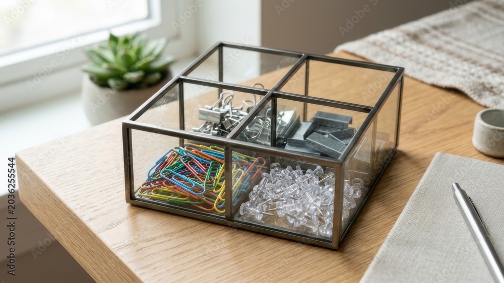 Fototapeta premium An elegant brass glass organizer on a desk containing colorful paper clips, perfect for aesthetic school supply organization.