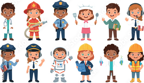 Photography Cute Cartoon Kids Profession Character Set with Diverse Children in Uniforms Rep