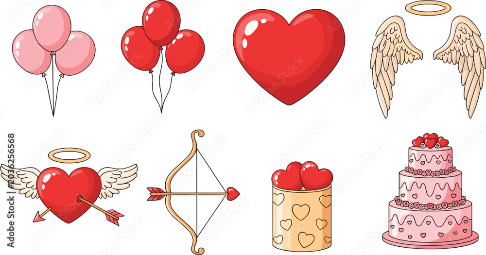 Naklejka premium Valentines Day Romantic Element Vector Set with Hearts Balloons Angel Wings Cupid Bow Arrow and Tiered Wedding Cake