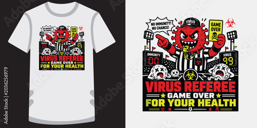 Foto Virus referee giving yellow card game over for your health vector sports parody illustration
