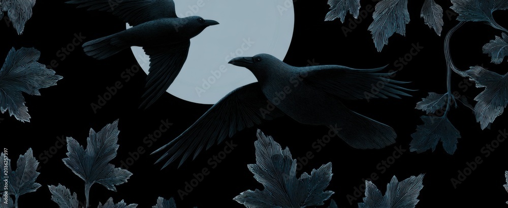 Obraz premium shadows of flying crows on a moody victorian backdrop create a spooky halloween feel