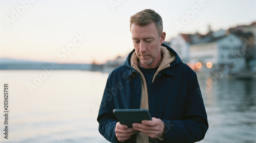 Serious man uses a tablet by a waterfront at dusk with blurred city buildings in the background.