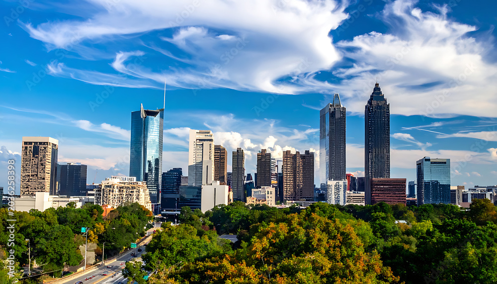 Obraz premium Atlanta skyline with modern skyscrapers and lush green trees under a cloudy blue sky, urban landscape, city view