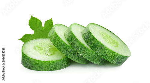 Slices of cucumber with leaf isolated on transparent background. PNG