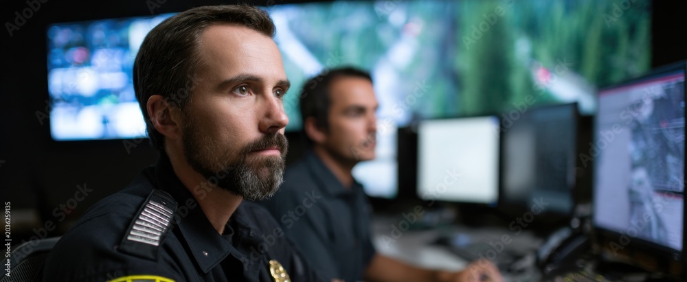 Naklejka premium Emergency response firefighters unite in a 911 command center with powerful AI integration.