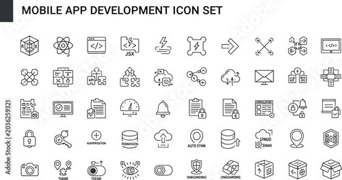Mobile app development programming JSX cloud analytics monitoring dashboard integration interface synchronization database technology outline vector icon set