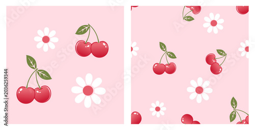 Cute cherry and  white flower seamless pattern pastel pink fruit background design.