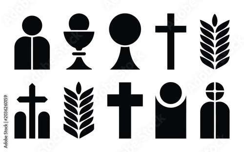 Fotografie Geometric silhouette of religious symbols and a corpus christi icon in black and