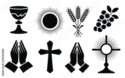 Quadro em tela Clean vector illustration featuring religious symbols including chalice sun whea