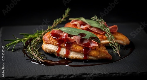 A gourmet chicken saltimbocca dish prepared with crispy prosciutto, fresh sage, and a rich balsamic glaze served elegantly on a rustic slate board surface