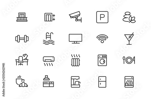 Tableau sur toile Hotel and apartment amenities line icons set