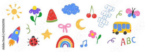 Chalk scribble set childlike elements, crayon pencil kindergarten doodle icons. Bug, star and moon, flowers, games in sketch style