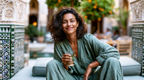 A documentary-style shot of a relaxed young Middle Eastern woman in a flowing sage green linen outfit sitting on low cushioned seating at a traditional Moroccan riad courtyard in M