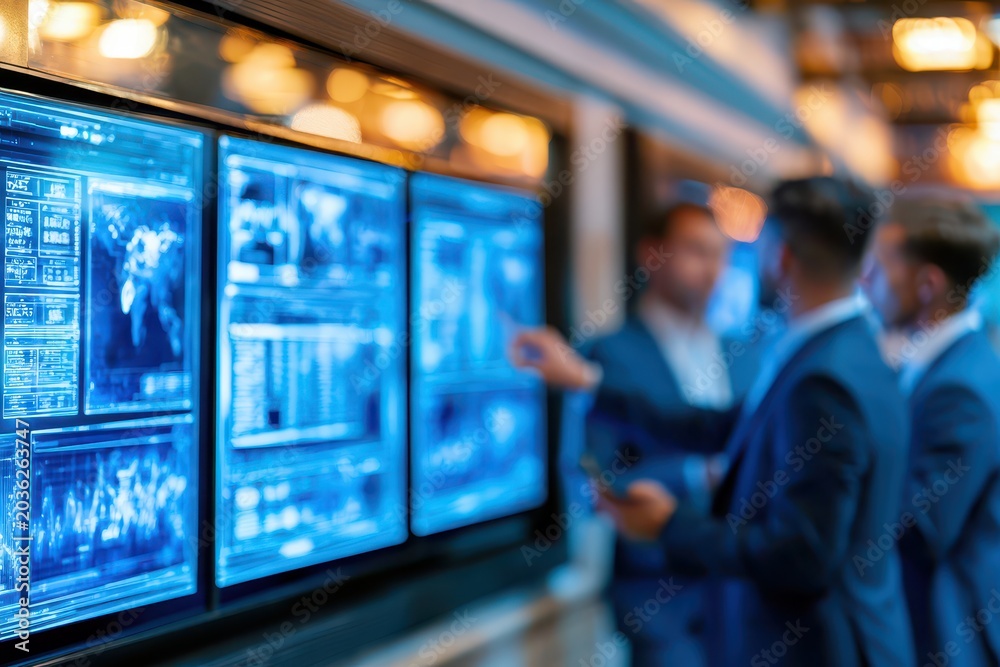 Obraz premium Business professionals in suits analyzing complex data on multiple glowing blue digital screens in a modern office.