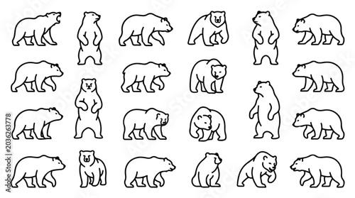 Quadro em tela Minimalist bear line art icons, set of 22 grizzly and polar bear vector silhouet