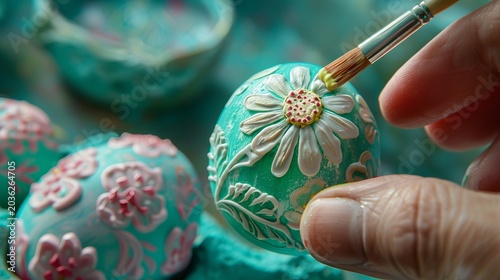 Vibrant hand painted easter egg with floral motif and artist applying yellow paint to daisy