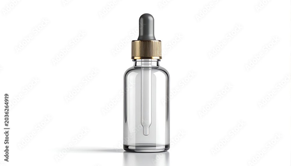 Naklejka premium Clear glass dropper bottle with gold cap and pipette, isolated on white background, cosmetic serum packaging, skincare product container