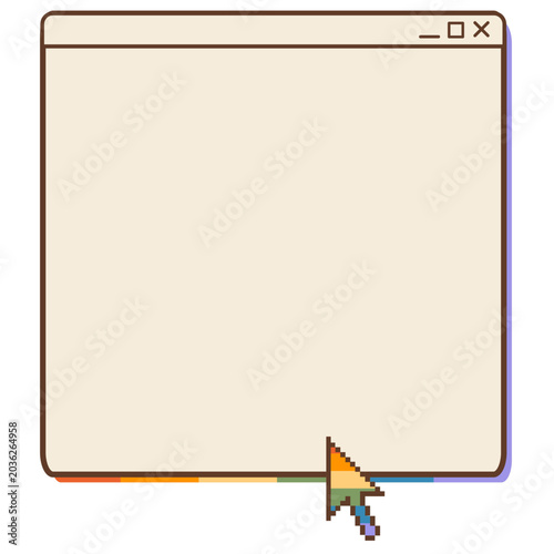 Retro Y2K computer window frame layout with blank copy space and rainbow pixel mouse cursor arrow isolated on white. Nostalgic 90s operating system desktop screen element for LGBTQ pride month. Vector