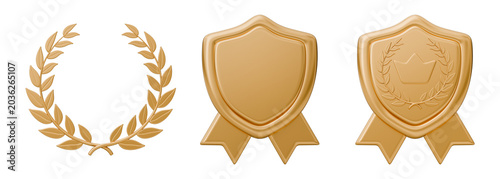 Shield badge laurel wreath crown ribbon crest emblem gold golden metallic shiny, luxury premium elite exclusive verified certified guarantee award prize, first success set, 3d illustration.